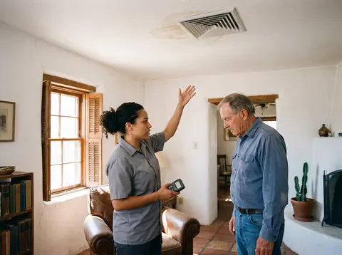 A technician points to a water stain beside a ceiling vent while a homeowner listens.